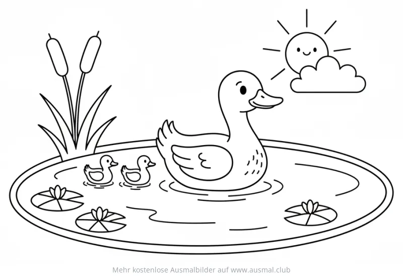 Entenfamilie mit Küken im Teich Ausmalbild