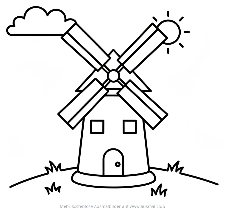 Windmühle Ausmalbild auf dem Bauernhof mit Sonne und Wolke