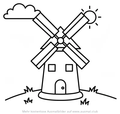 Windmühle Ausmalbild auf dem Bauernhof mit Sonne und Wolke