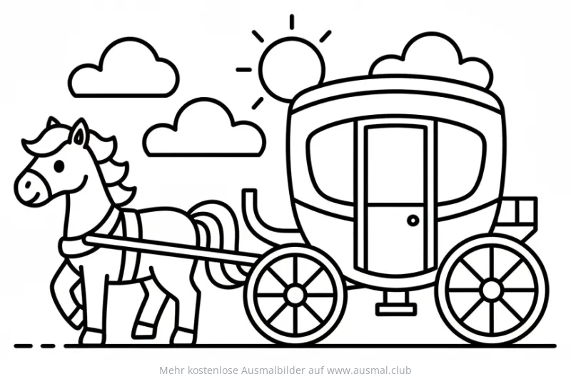 Pferdekutsche Ausmalbild mit Sonne und Wolken