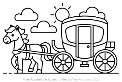 Pferdekutsche Ausmalbild mit Sonne und Wolken