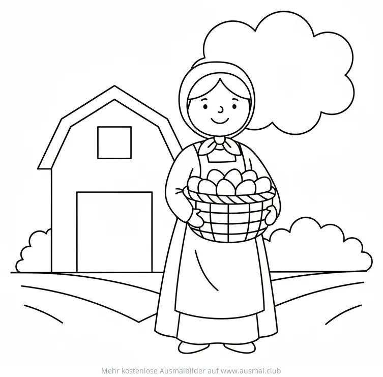 Bäuerin mit Eierkorb vor Bauernhaus Ausmalbild