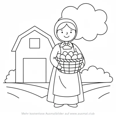 Bäuerin mit Eierkorb vor Bauernhaus Ausmalbild