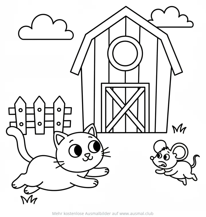 Katze jagt Maus Ausmalbild vor Bauernhofscheune