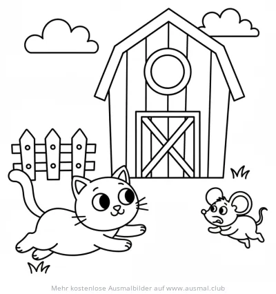 Katze jagt Maus Ausmalbild vor Bauernhofscheune
