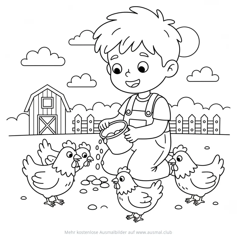Junge füttert Hühner auf dem Bauernhof Ausmalbild