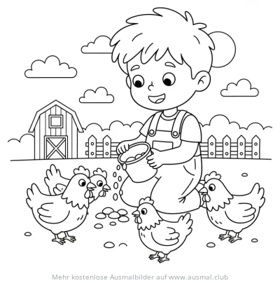 Junge füttert Hühner auf dem Bauernhof Ausmalbild