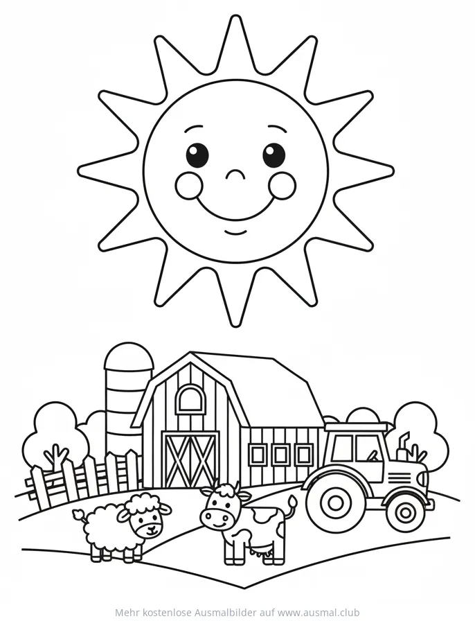 Bauernhof Ausmalbild mit Sonne, Bauernhaus, Traktor, Kuh und Schaf