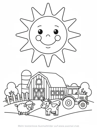 Bauernhof Ausmalbild mit Sonne, Bauernhaus, Traktor, Kuh und Schaf