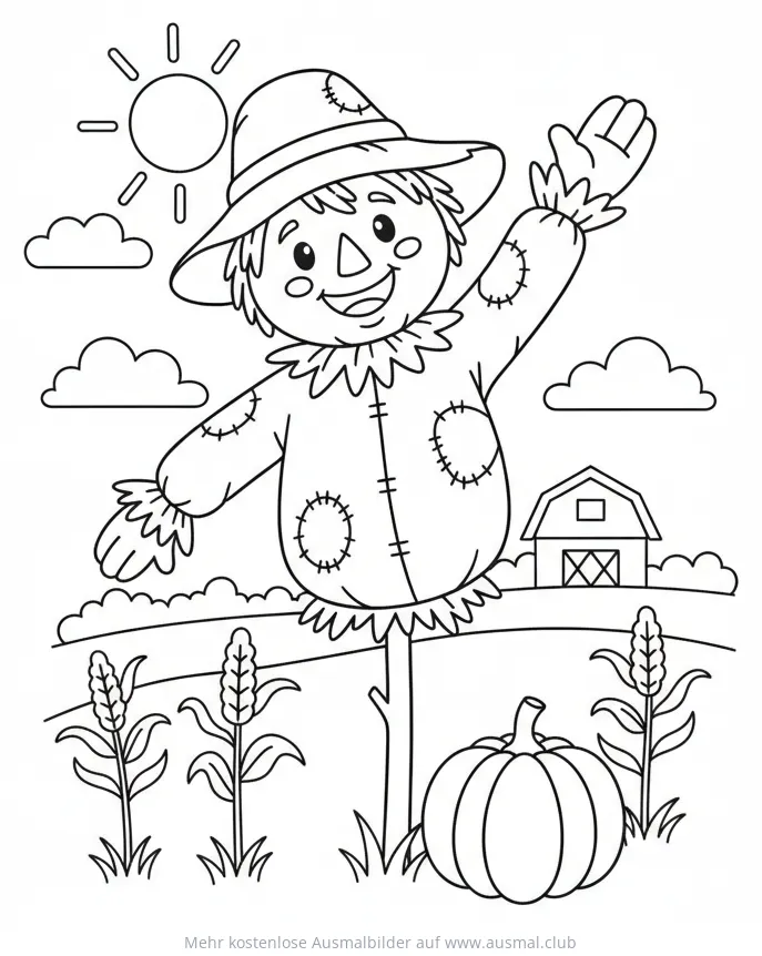 Vogelscheuche winkt Ausmalbild auf dem Feld