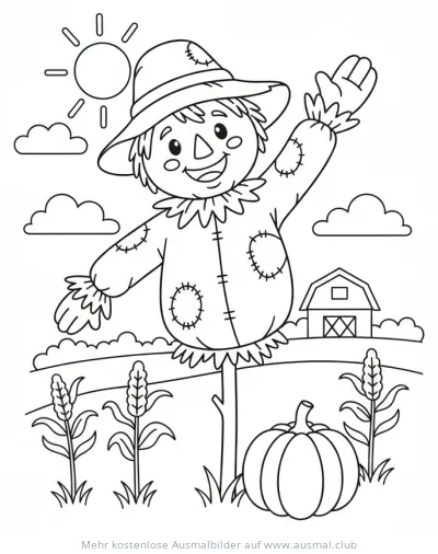 Vogelscheuche winkt Ausmalbild auf dem Feld