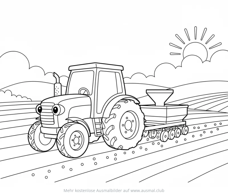 Traktor mit Sämaschine Ausmalbild auf einem Acker