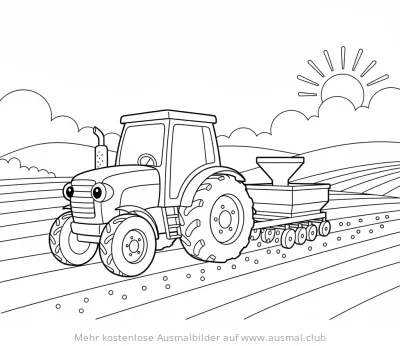 Traktor mit Sämaschine Ausmalbild auf einem Acker