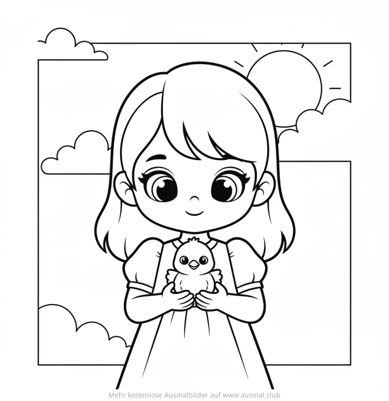 Mädchen hält Küken Ausmalbild vor Wolken und Sonne