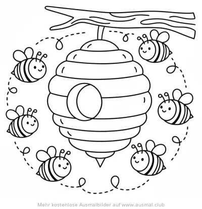 Bienenstock Ausmalbild mit freundlichen Bienen
