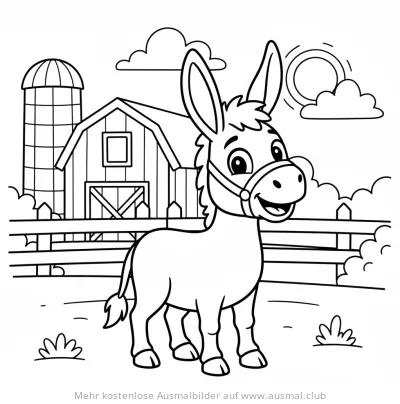 Esel Ausmalbild vor Bauernhofkulisse