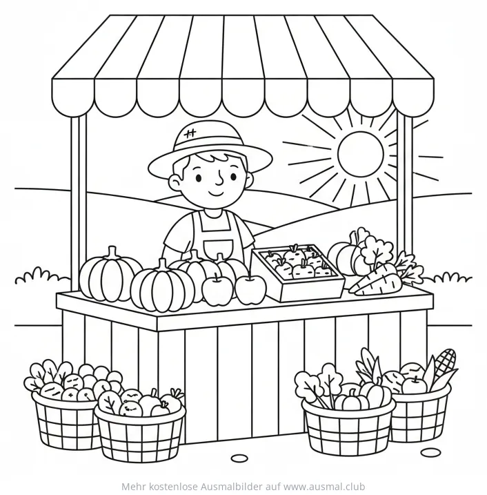 Bauernjunge am Marktstand mit Gemüse und Obst Ausmalbild