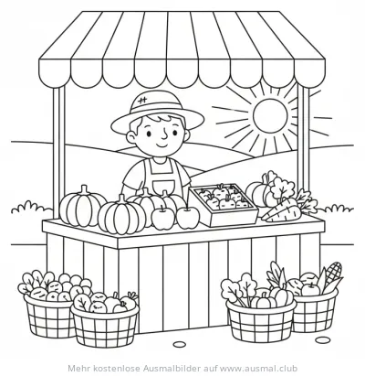 Bauernjunge am Marktstand mit Gemüse und Obst Ausmalbild