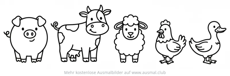 Bauernhof Ausmalbild mit Schwein, Kuh, Schaf, Huhn und Ente