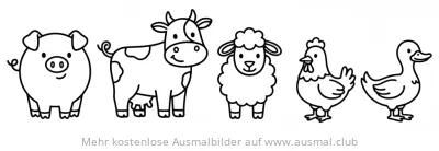 Bauernhof Ausmalbild mit Schwein, Kuh, Schaf, Huhn und Ente