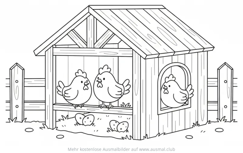 Hühnerstall Ausmalbild mit drei Hühnern und Eiern
