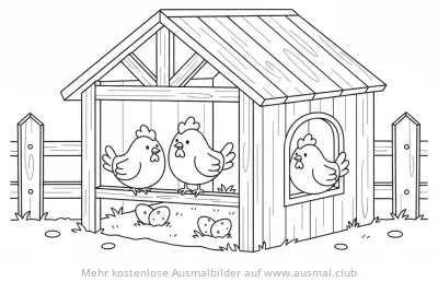 Hühnerstall Ausmalbild mit drei Hühnern und Eiern