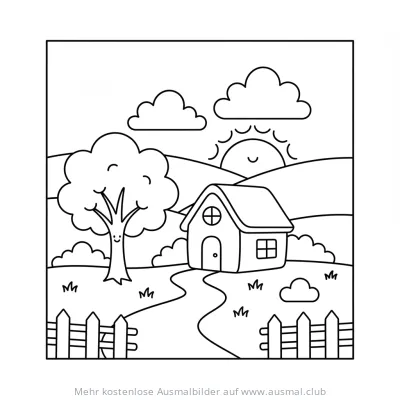 Bauernhof Landschaft Ausmalbild mit Haus, Baum und Sonne