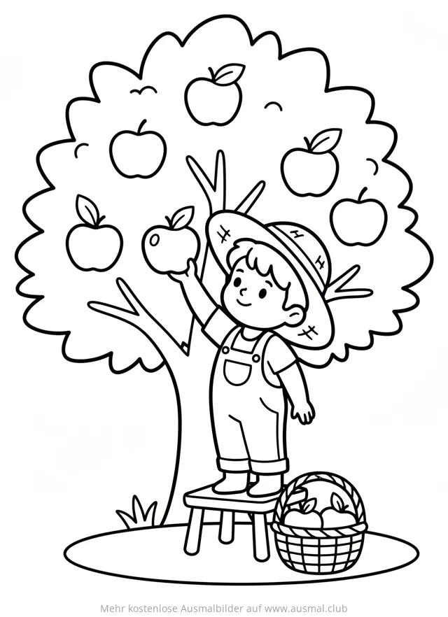 Junge pflückt Äpfel vom Baum Ausmalbild