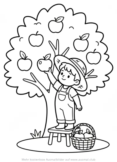 Junge pflückt Äpfel vom Baum Ausmalbild