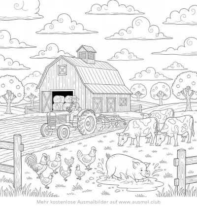 Bauernhof Szene Ausmalbild mit Traktor, Kühen, Schwein und Hühnern