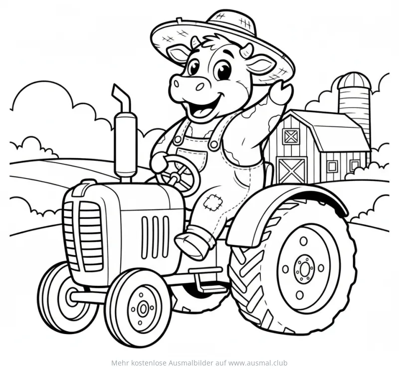 Kuh fährt Traktor Ausmalbild