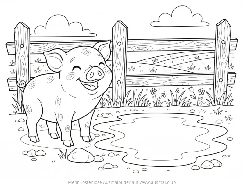 Freundliches Schwein vor Zaun und Acker Ausmalbild