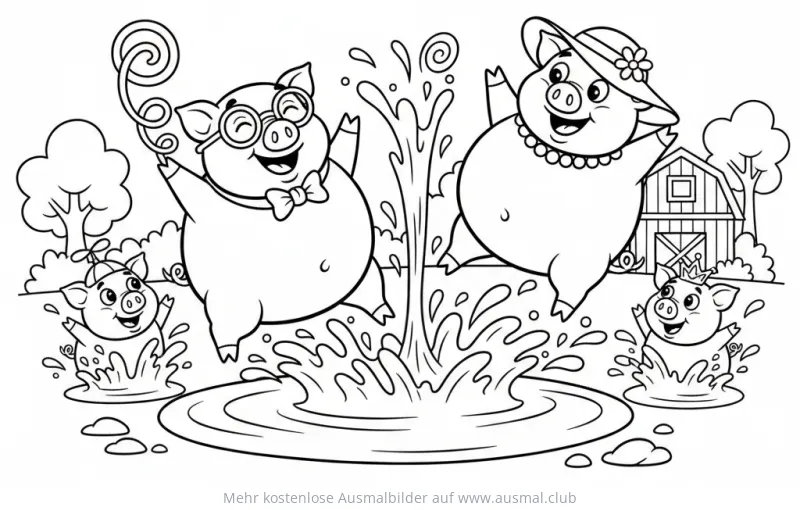 Fröhliche Schweine spielen im Schlamm Ausmalbild