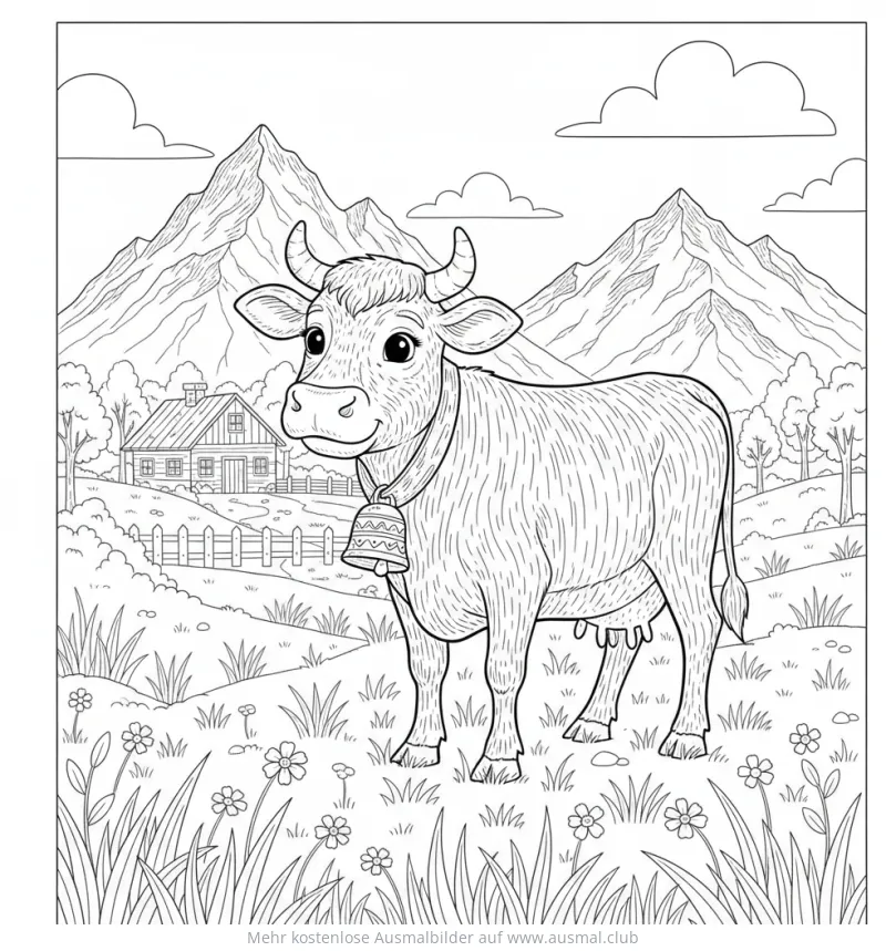 Kuh mit Glocke Ausmalbild vor Berglandschaft