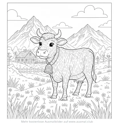 Kuh mit Glocke Ausmalbild vor Berglandschaft