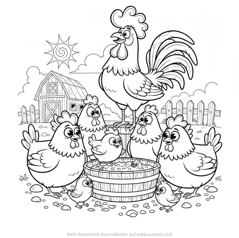 Hahn, Hennen und Küken am Trog Ausmalbild