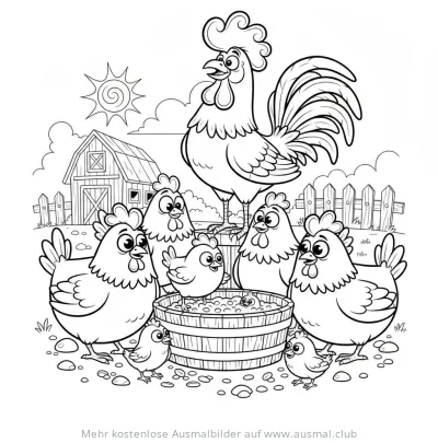 Hahn, Hennen und Küken am Trog Ausmalbild