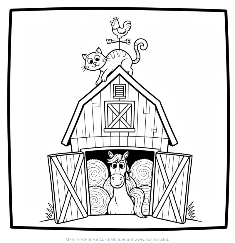 Pferd in Scheune mit Katze auf dem Dach Ausmalbild