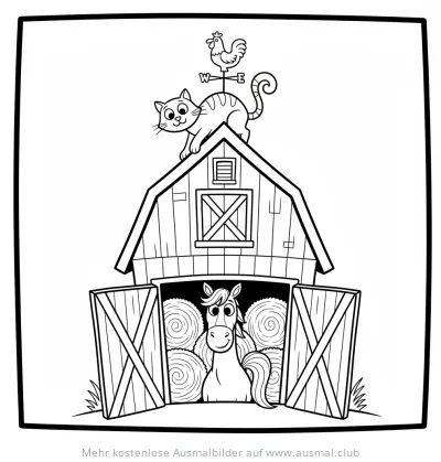 Pferd in Scheune mit Katze auf dem Dach Ausmalbild
