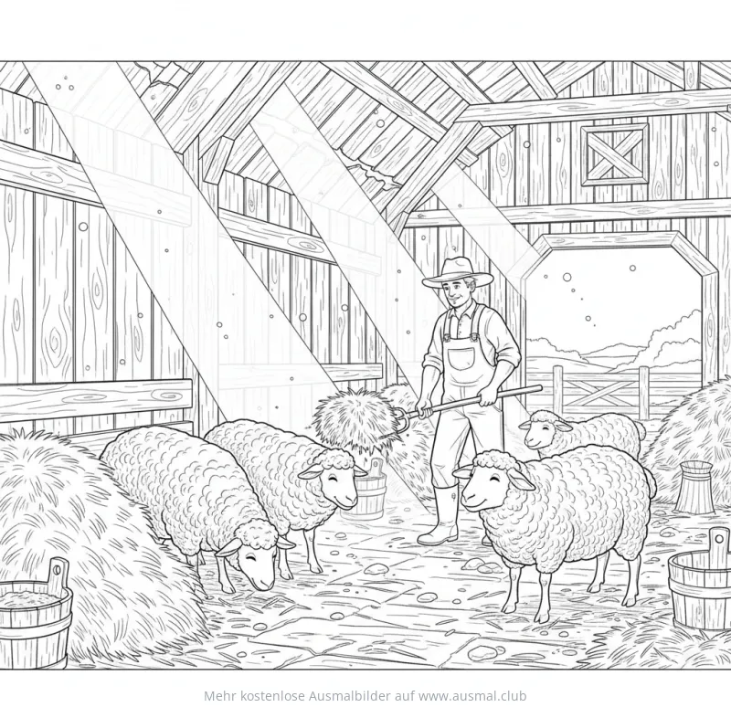 Landwirt mit Schafen in Scheune Ausmalbild