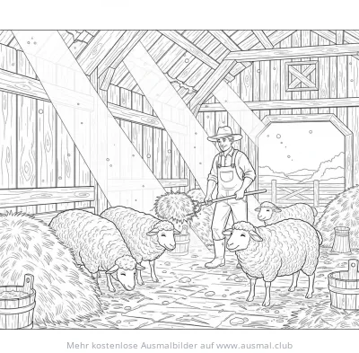 Landwirt mit Schafen in Scheune Ausmalbild