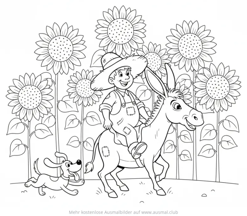 Bauer reitet auf Esel mit Hund und Sonnenblumen Ausmalbild