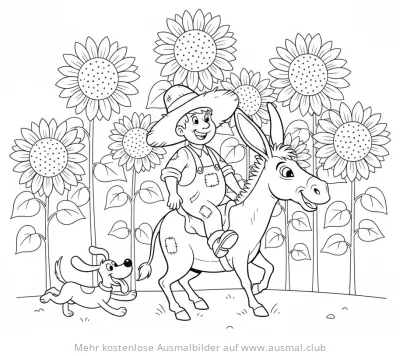 Bauer reitet auf Esel mit Hund und Sonnenblumen Ausmalbild