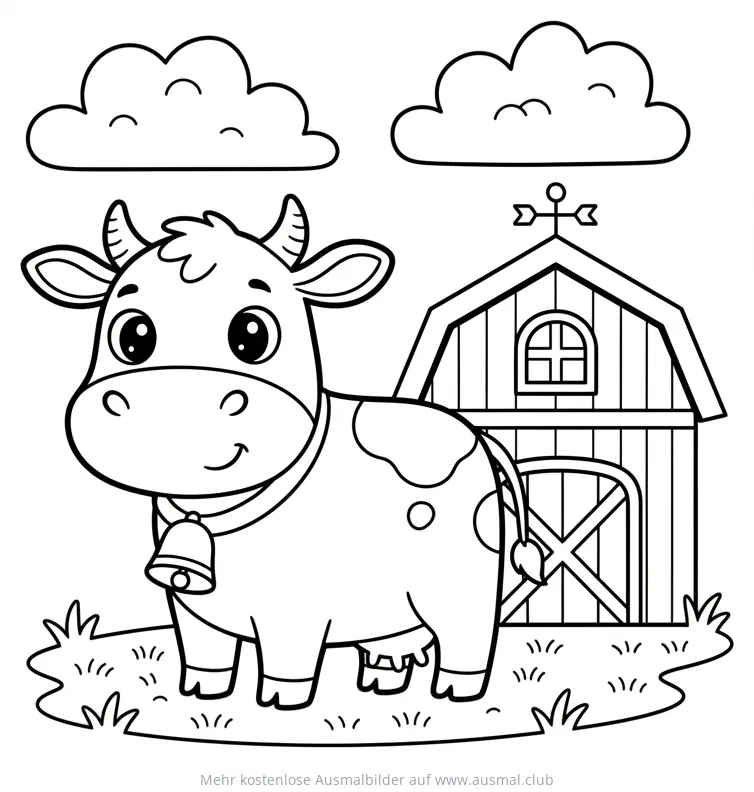 Freundliche Kuh mit Glocke vor Scheune Ausmalbild