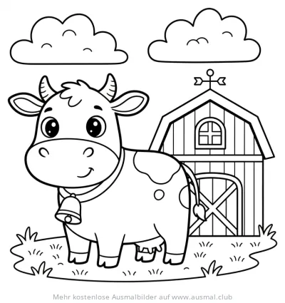 Freundliche Kuh mit Glocke vor Scheune Ausmalbild
