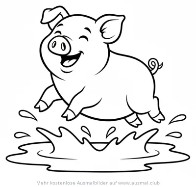 Fröhliches Schwein springt in Pfütze Ausmalbild