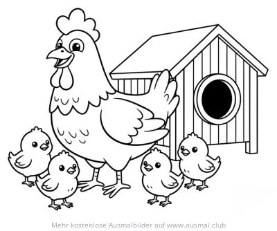 Henne mit Küken vor Hühnerstall Ausmalbild
