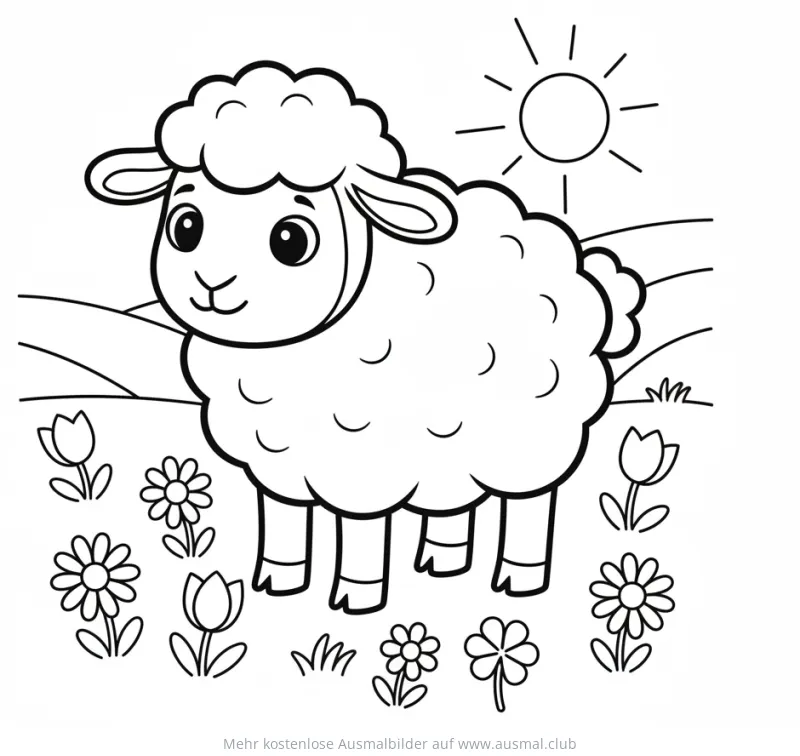 Niedliches Schaf auf Blumenwiese unter der Sonne Ausmalbild