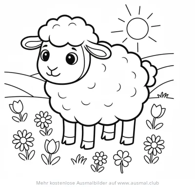 Niedliches Schaf auf Blumenwiese unter der Sonne Ausmalbild