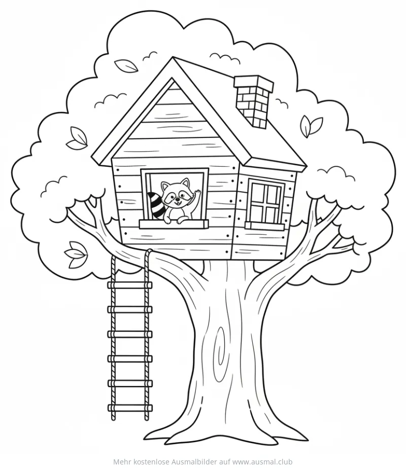 Waschbär winkt aus Baumhaus-Fenster Ausmalbild